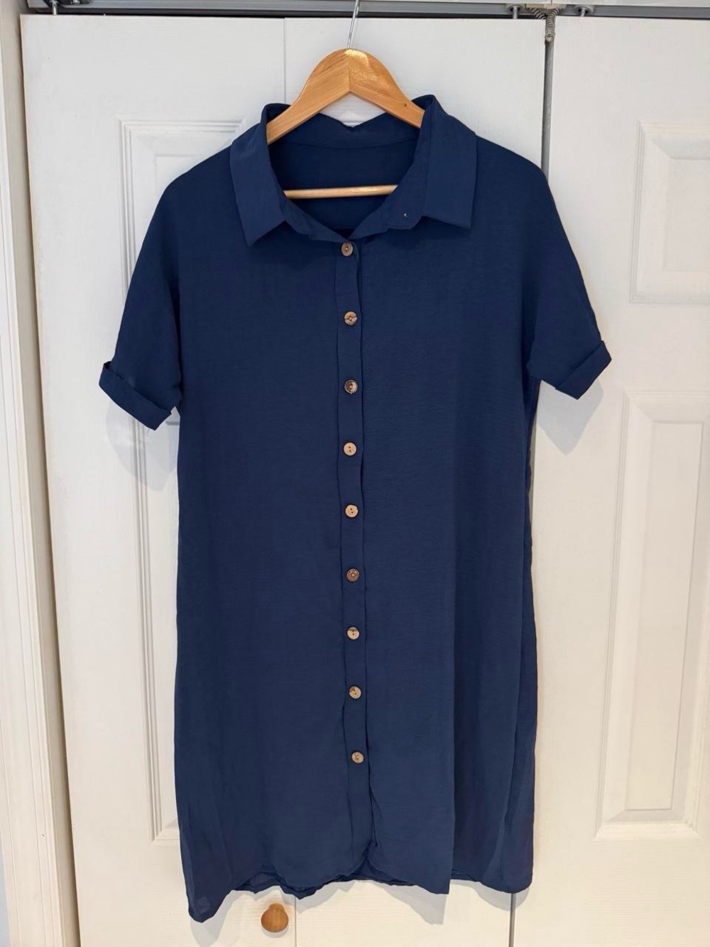 navy blue button-up dress